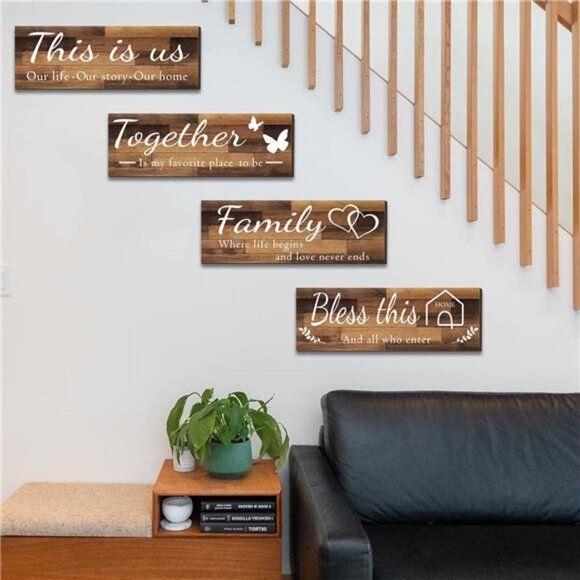 4 Pieces Home Wall Signs, THIS IS US/TOGETHER/BLESS THIS HOME/FAMILY Wall Decor - Picture 2 of 7